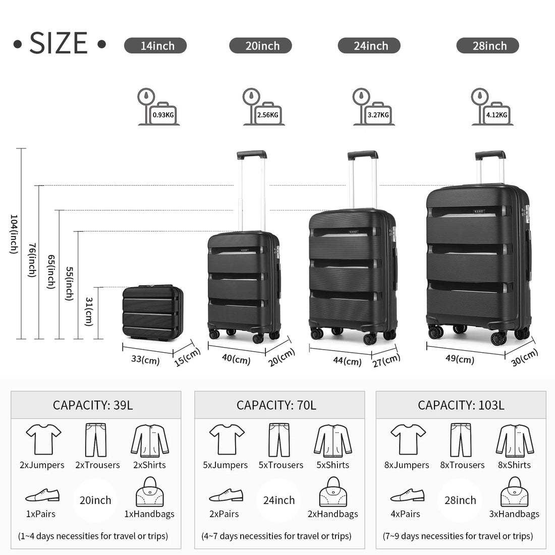 Set of black suitcases with KONO branding on a white background