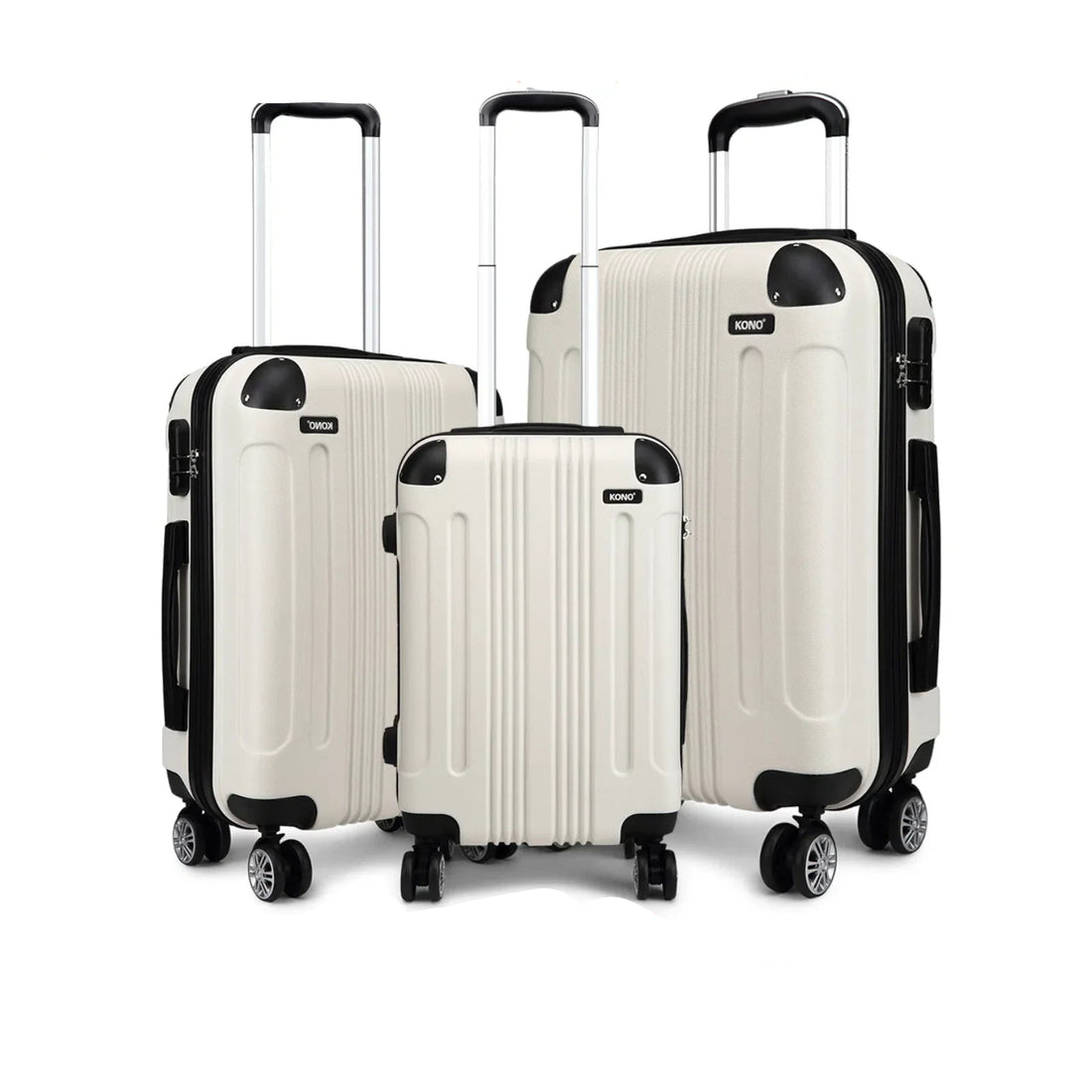 Set of white suitcases with black handles and wheels on a white background, featuring KONO branding.