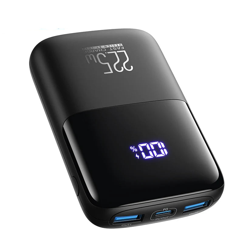 Black power bank with digital display on a white background, featuring the INIU brand.