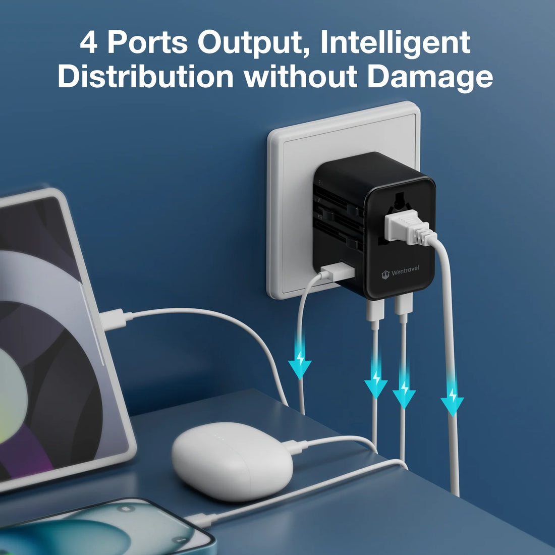 Universal Travel Adapter – 4 AC Outlets, 1 USB, 2 Type-C PD 25W Ports