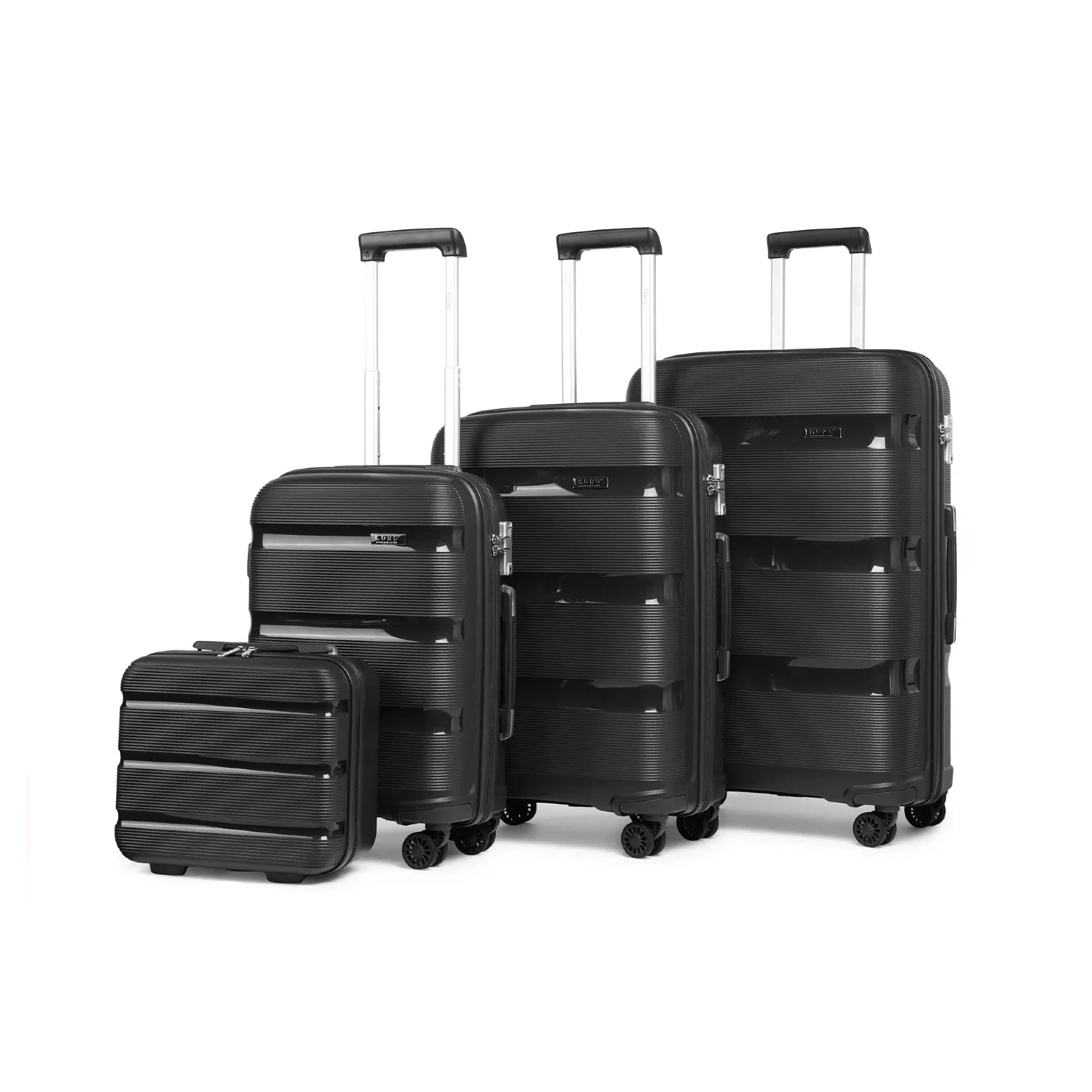 Set of black suitcases with KONO branding on a white background