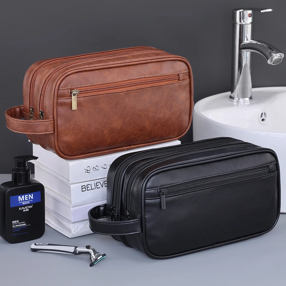 Double-Layer PU Leather Toiletry Bag for Men